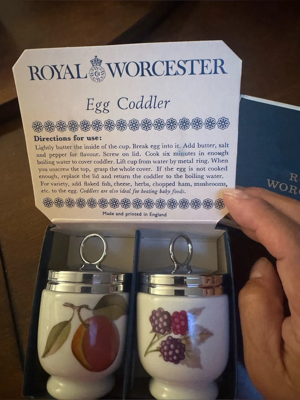 VTG 2 Royal Worcester Porcelain  Egg Coddlers, Original Box, w/Ephemera Card New